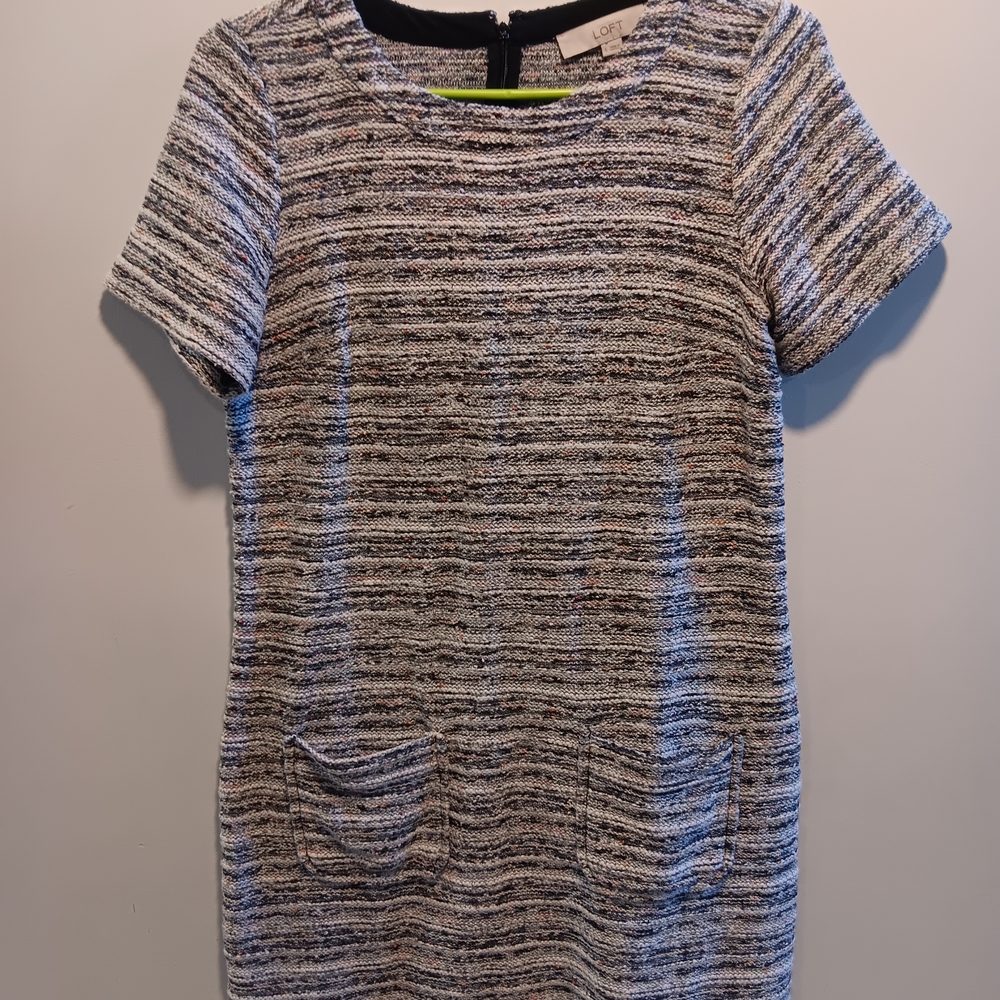 LOFT Striped Gray and Black Dress With Pockets